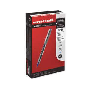 Uni-ball® VISION Roller Ball Pen, Stick, Fine 0.7 mm, Blue Ink, Blue/Gray Barrel, Dozen 