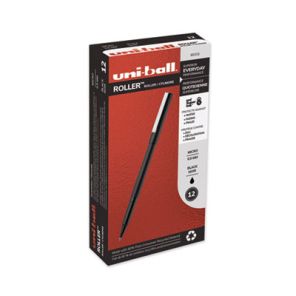 Uni-ball® Roller Ball Pen, Stick, Micro 0.5 mm, Black Ink, Black Matte Barrel, Dozen 