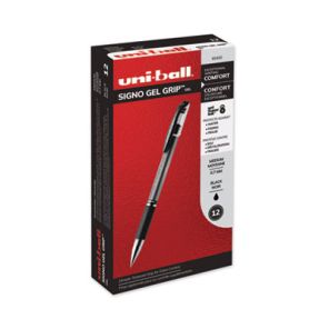 Uni-ball® Signo GRIP Gel Pen, Stick, Medium 0.7 mm, Black Ink, Silver/Black Barrel, Dozen 