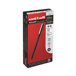 Uni-ball® Roller Ball Pen, Stick, Micro 0.5 mm, Red Ink, Black Matte Barrel, Dozen 