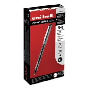 Uni-ball® VISION Needle Roller Ball Pen, Stick, Fine 0.7 mm, Black Ink, Silver Barrel, Dozen 