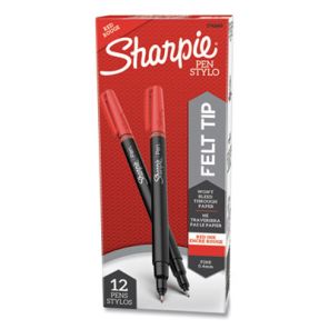 Sharpie® Water-Resistant Ink Plastic Point Pen, Stick, Fine 0.4 mm, Red Ink, Black/Gray/Red Barrel, Dozen 