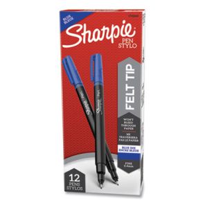 Sharpie® Water-Resistant Ink Plastic Point Pen, Stick, Fine 0.4 mm, Blue Ink, Black/Gray/Blue Barrel, Dozen 