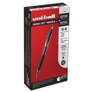 Uni-ball® Signo 207 Needle Point Gel Pen, Retractable, Medium 0.7 mm, Black Ink, Black Barrel, Dozen 