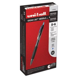 Uni-ball® Signo 207 Needle Point Gel Pen, Retractable, Medium 0.7 mm, Blue Ink, Black Barrel, Dozen 