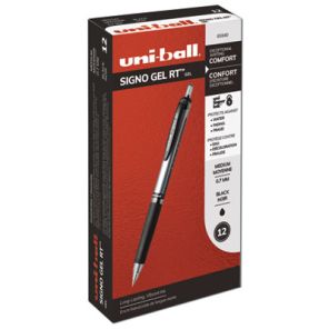 Uni-ball® Signo Gel Pen, Retractable, Medium 0.7 mm, Black Ink, Black/Metallic Accents Barrel, Dozen 